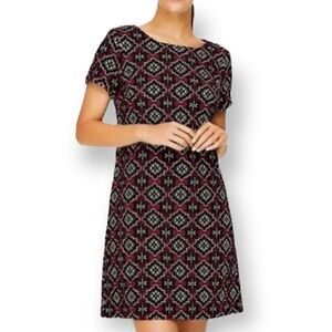 LOFT BURGUNDY & BLUE TEXTURED QUILTED JACQUARD MEDALLION SHIFT DRESS SZ.MP EUC